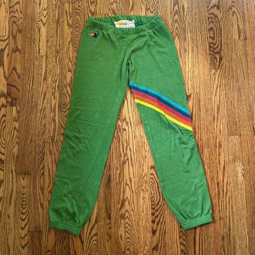 Aviator Nation Green Track Pants with Rainbow Stripe